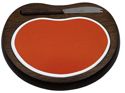 NEW Vintage Mid Century Cheese Board Wood & Bright Orange Tile with Knife Unused-image