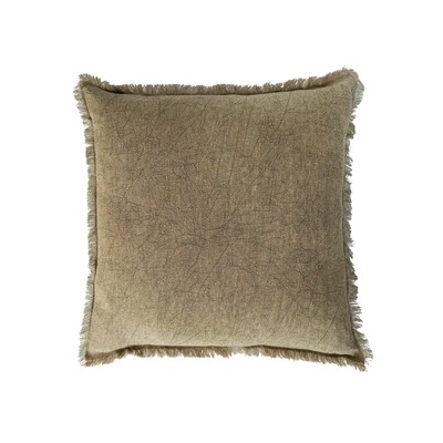 20 Inches Square Stonewashed Linen Fringe, Olive Pillow, Green-image