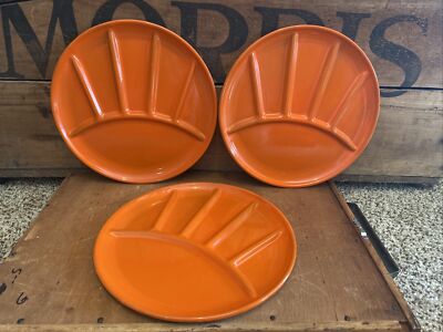 Lot of 3 Vintage Mid Century Modern Orange Enamel Metal Fondue Party Plates -image