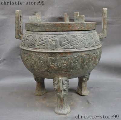 Old Chinese Joss Temple Bronze Ware Lion Foo dog Tripod Incense burner Censer-image