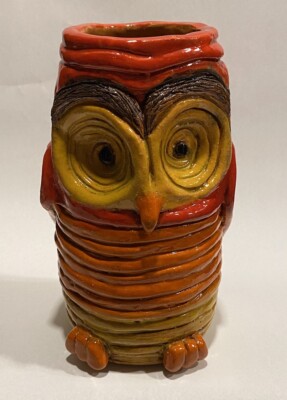 Mid Century Orange Coil Pottery Owl • AS IS-image