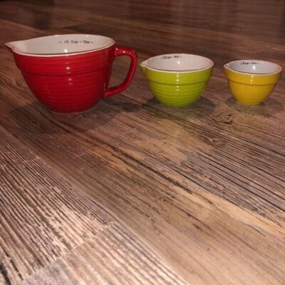 Set of 3 Creative Co-Op Ceramic Decorative Measuring Cups Red Yellow Green-image