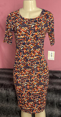 LULAROE JULIA /BLACK / ORANGE / YELLOW ABSTRACT BODYCON FITTED DRESS SMALL NWT-image
