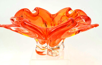Canadian ART GLASS Chalet 4 point Vibrant Ashtray Orange Mid Century Bowl SIGNED-image