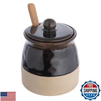 Creative Co-Op Black Stoneware Sugar Pot with Lid and Wood Spoon-image