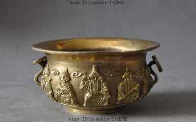 marked chinese buddhism joss brass 5 Jambhala god dragon statue bowl Censer-image