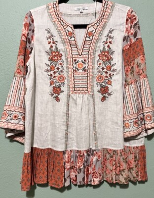 Mid Sleeve Orange, Green, & Cream Floral Wide Sleeve John Mark Peasant Blouse-image