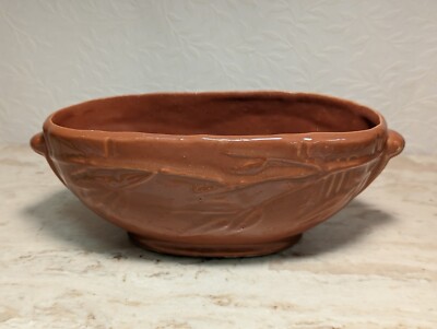 Bamboo Mid-Century Modern Pottery Planter Oval Stylish Orange Rust Urn Handle 3D-image