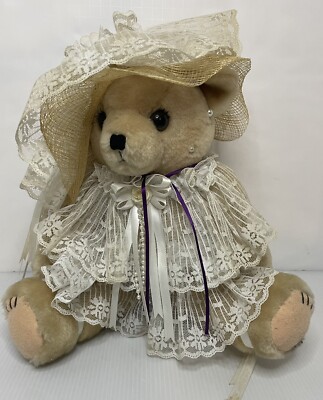 Creative Grace Company Plush Bear Stuffed Animal Dressed Fancy Hat Dress Pearls-image