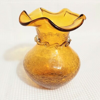 Vintage Crackle Glass Amber Vase Swirl Collar Ruffle Edge Handblown-image