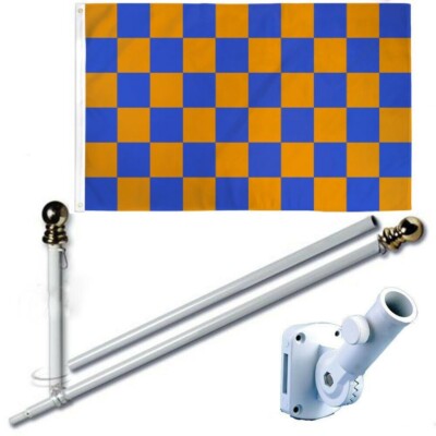 Blue Orange Checkered 3 x 5 FT Flag + 6 Ft Spinning Tangle Free Pole + Bracket-image
