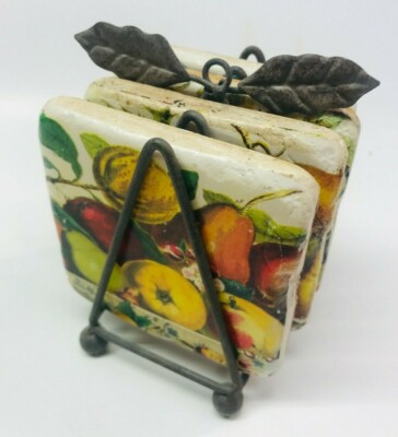 WILLIAMSBURG CREATIVE CO-OP GARDEN STORY TILE DECOUPAGE COASTER IN METAL HOLDER-image