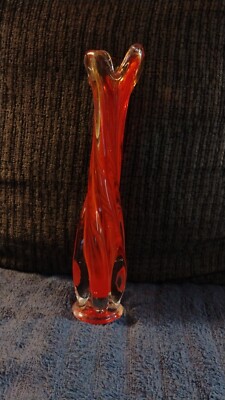 Vintage Mid-Century 9.5” Art Glass Swung Vase Orange Swirl-image