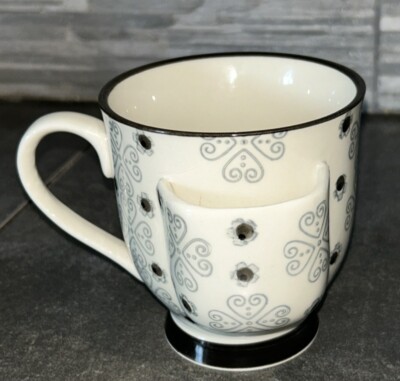 Creative Co-Op Mug w / Tea Bag Holder Short Pedestal Beige Ivory Black-image