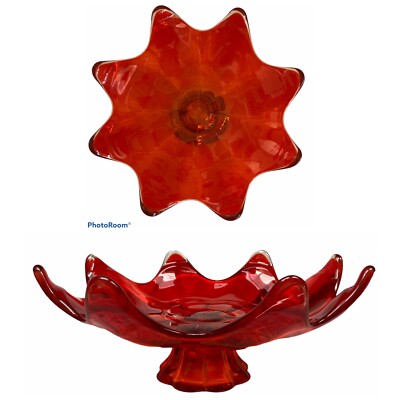 Vintage Mid Century 50’s 60’s Orange-Red Swung Art Glass Pedestal Dish-image