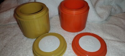 Bee plastics insulated  One Cup soup storage. Harvest Gold & Orange. Mid crntury-image