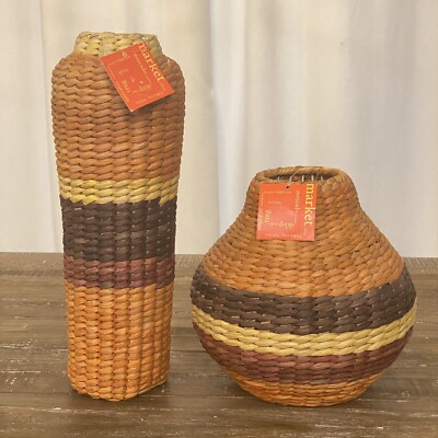 Vintage BOHO Woven Wicker Vases Striped Terrace Market New Old Stock Set of 2-image