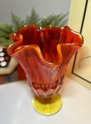 Mid Century Fenton Amberina Swung Thumbprint Orange Yellow Hankerchirf Vase-image