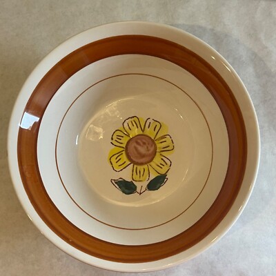 Mid Century Serving Bowl Burnt Orange Band Yellow Flower Ironstone Korea 9