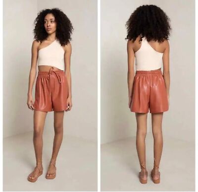 A.L.C Ryder Faux-Leather Shorts Russet Vegan Rust Brown Drawstring L NEW-image