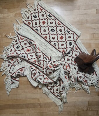 Mid Century Modern Afghan Picnic Throw Blanket Burnt Orange Brown 50× 53 Vintage-image