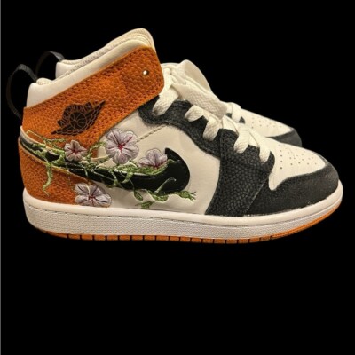 Youth Size 1 Jordan 1 Mid SE Blossom Special Edition Black/White/Orange-image