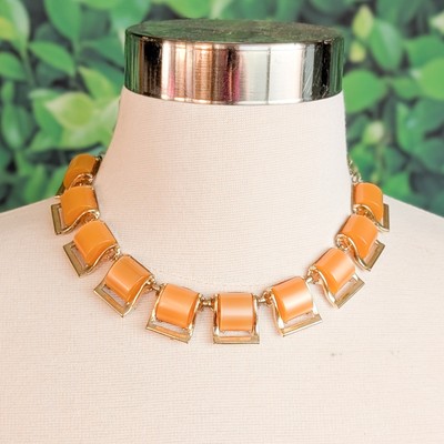 Vintage 1950s Thermoset Plastic Necklace Orange Gold Lucite Mid Century Collar-image