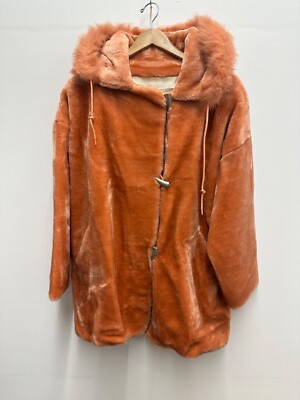 Dona Lucci USA VTG Mid Faux Fur Orange Peach Coat Hooded Button Women 2xl-image