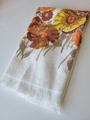 Vintage Mid Century Orange And Yellow Floral HAND Towel Excellent Condition-image