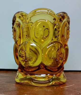 Vintage LE Smith Moon And Stars Glass Amber Yellow Orange Toothpick Holder 2.5