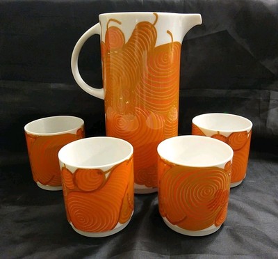 Vintage Thomas Orange MID CENTURY Juice Pitcher Set 4 Glasses Great Condition -image
