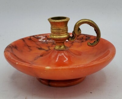 Vintage Genuine Alabaster Stone Candle Holder  Orange 5