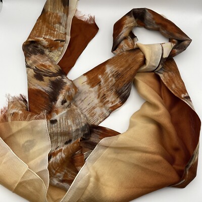 Vintage Chiffon Mottled Ombré Brown Orange Scarf Mid Century Modern 8x70 Inch-image