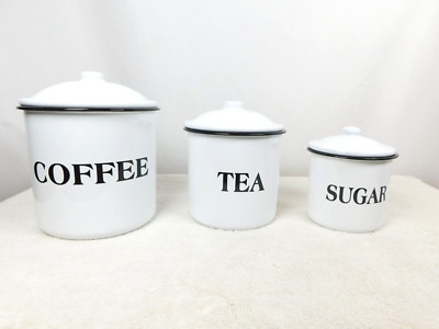 Creative CO Op Enamel Metal Black & White Coffee, Tea & Sugar Canasters W/Lids-image