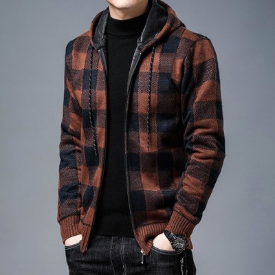 Men's Plaid Zip-Up Hoodie Jacket Warm Fleece Lined Zipper Knit Sweater Coat-image
