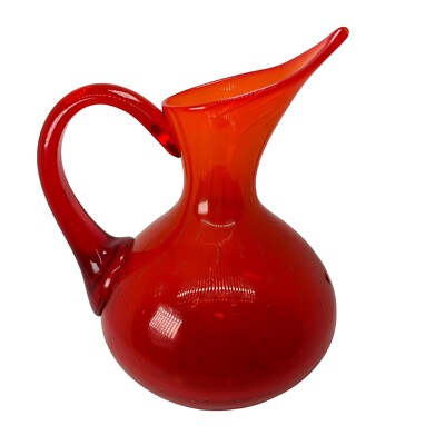 MCM Cadmium Art Glass Persimmon Orange Beak Spout Glass Pitcher 8''-image