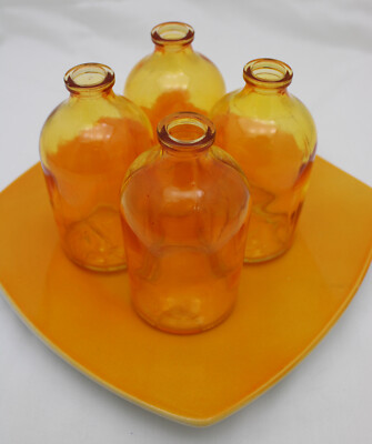 True Vintage Orange Bud Vases 4 Bottles on Ceramic Base 4 1/4