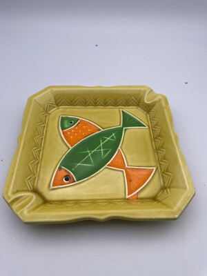 MID CENTURY MODERN FISH ASHTRAY TRINKET DISH ABSTRACT ORANGE GREEN YELLOW JAPAN-image