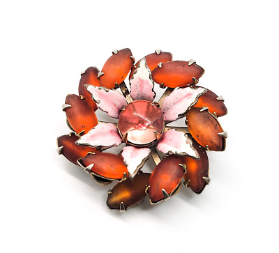 Frosted Orange Navette pink enamel flower atomic scatter brooch mid century-image