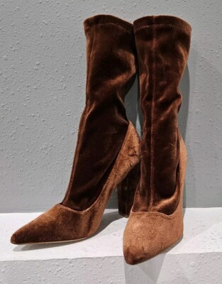 Womens 7M Velvet Rust Burnt Orange Booties Midcalf Sock Boots Block Heels Point-image