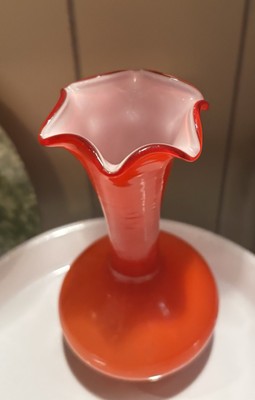 Mid Century Art Glass Vase Ruffle Top Orange 6” Hand Blown Tango Glass-image