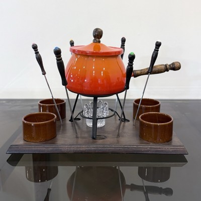 Vintage 60’s 70’s ORANGE FODUE BURNER SET Forks Ceramic Dishes Stand MID CENTURY-image
