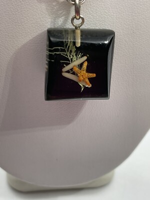 Vintage Mid Century Orange Star Fish Reef Design Lucite Pendant ￼Necklace 19”-image