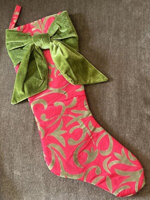 Christmas Stocking Creative Co-op Velvet Satin Look Red Green Bow Filigree-image