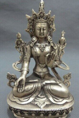 Tibet Silver Buddhist Joss Protect Set Lotus 7 Eyes White Tara Buddha Statue-image