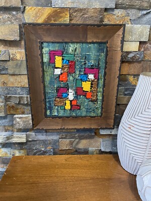 Mid Century Modern Abstract Acrylic Painting Blue Orange Green-image