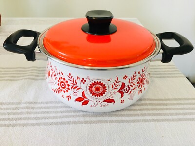 Mid Century Enamel Cookware orange and red floral design-image