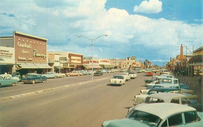 Mesa AZ Looking East on Main St Chrome Postcard, Pomeroy's, Karl's, Apache-image