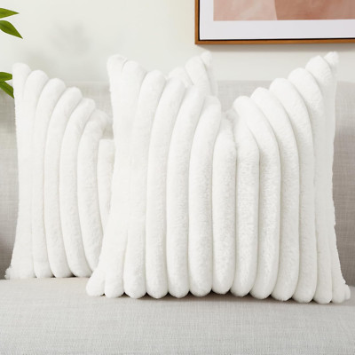Faux Fur Spring Throw Pillow Covers 20X20 Set of 2, Decorative Soft Plush Stripe-image