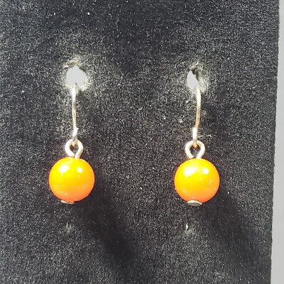 Dangle Beaded Earrings Silver Tone Orange Mid Century Modern Boho Pierced .75